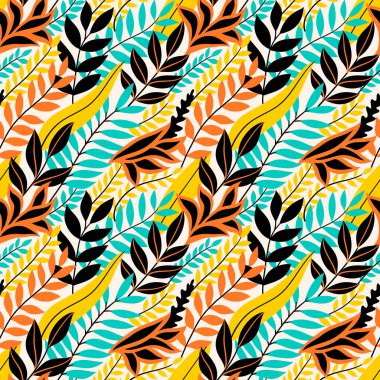 Renkli, dikişsiz çiçek deseni. Parlak tropik yaprakları olan şık bir yaz ortamı. Vektör illüstrasyonu, EPS 10.