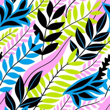 Renkli, dikişsiz çiçek deseni. Parlak tropik yaprakları olan şık bir yaz ortamı. Vektör illüstrasyonu, EPS 10.