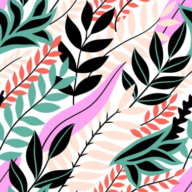 Renkli, dikişsiz çiçek deseni. Parlak tropik yaprakları olan şık bir yaz ortamı. Vektör illüstrasyonu, EPS 10.