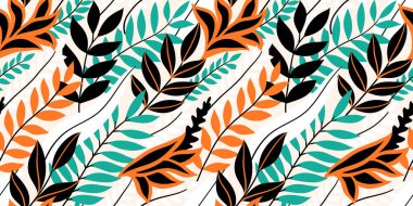 Renkli, dikişsiz çiçek deseni. Parlak tropik yaprakları olan şık bir yaz ortamı. Vektör illüstrasyonu, EPS 10.