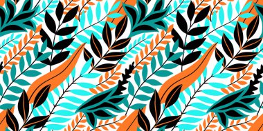 Renkli, dikişsiz çiçek deseni. Parlak tropik yaprakları olan şık bir yaz ortamı. Vektör illüstrasyonu, EPS 10.