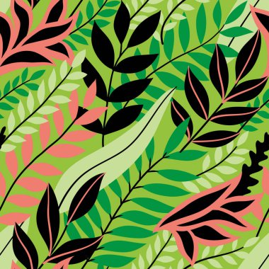 Renkli, dikişsiz çiçek deseni. Parlak tropik yaprakları olan şık bir yaz ortamı. Vektör illüstrasyonu, EPS 10.