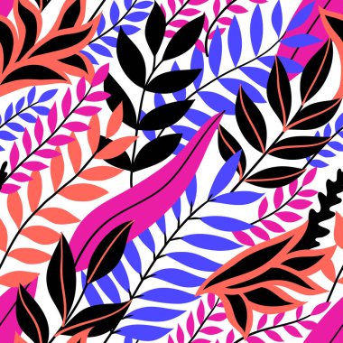 Renkli, dikişsiz çiçek deseni. Parlak tropik yaprakları olan şık bir yaz ortamı. Vektör illüstrasyonu, EPS 10.