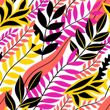 Renkli, dikişsiz çiçek deseni. Parlak tropik yaprakları olan şık bir yaz ortamı. Vektör illüstrasyonu, EPS 10.
