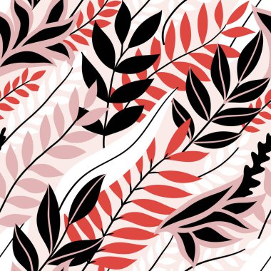 Renkli, dikişsiz çiçek deseni. Parlak tropik yaprakları olan şık bir yaz ortamı. Vektör illüstrasyonu, EPS 10.