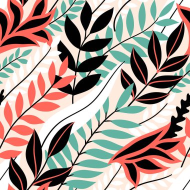 Renkli, dikişsiz çiçek deseni. Parlak tropik yaprakları olan şık bir yaz ortamı. Vektör illüstrasyonu, EPS 10.