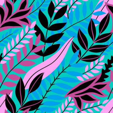 Renkli, dikişsiz çiçek deseni. Parlak tropik yaprakları olan şık bir yaz ortamı. Vektör illüstrasyonu, EPS 10.