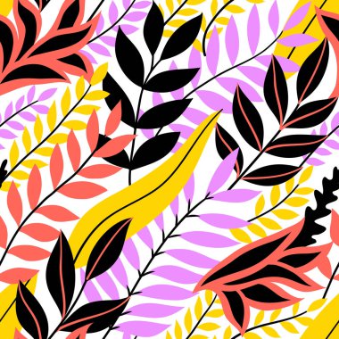 Renkli, dikişsiz çiçek deseni. Parlak tropik yaprakları olan şık bir yaz ortamı. Vektör illüstrasyonu, EPS 10.