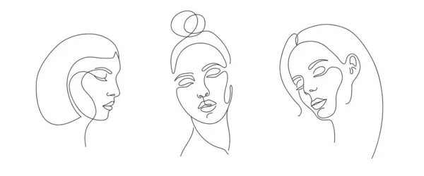 Set Stylized Woman Faces Hairstyles Modern Single Line Art Woman — Stock Vector