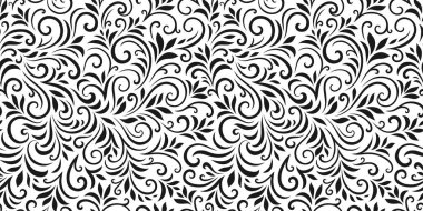 Yaprakları ve bukleleri olan kusursuz bir şekil. Tek renkli soyut çiçek arkaplanı. Modaya uygun monokrom dokusu. EPS 10