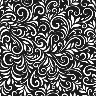 Yaprakları ve bukleleri olan kusursuz bir şekil. Tek renkli soyut çiçek arkaplanı. Modaya uygun monokrom dokusu. EPS 10