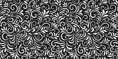 Yaprakları ve bukleleri olan kusursuz bir şekil. Tek renkli soyut çiçek arkaplanı. Modaya uygun monokrom dokusu. EPS 10