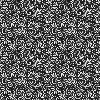 Yaprakları ve bukleleri olan kusursuz bir şekil. Tek renkli soyut çiçek arkaplanı. Modaya uygun monokrom dokusu. EPS 10