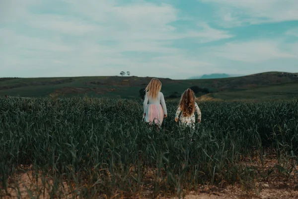 Chicas Lindas Corriendo Campo —  Fotos de Stock