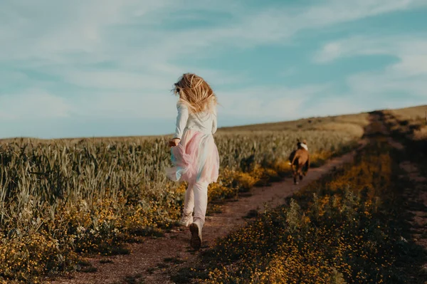 野原を走る可愛い女の子 ストックフォト