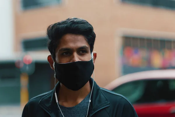 Young Man Wearing Face Mask City Street Listening Music Royalty Free Stock Photos