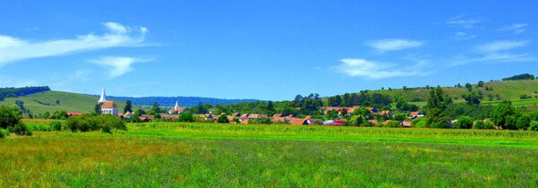 Typical rural landscape in the plains of Transylvania, Romania. Green landscape in the midsummer, in a sunny day