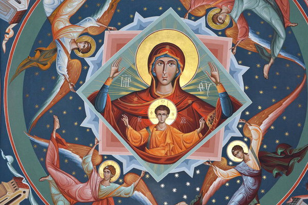 Orthodox icons in the Saint Ana-Rohia Monastery. The monastery is situated in a natural place on the hillside of a hill. It was built in 1926