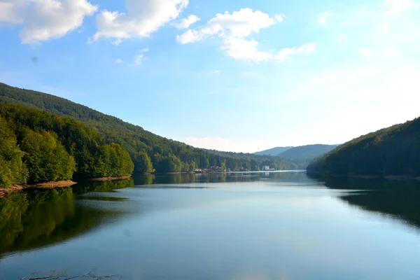 Letecký Pohled Jezero Valiug Banátu Jeho Okolí Typická Krajina Lesích — Stock fotografie