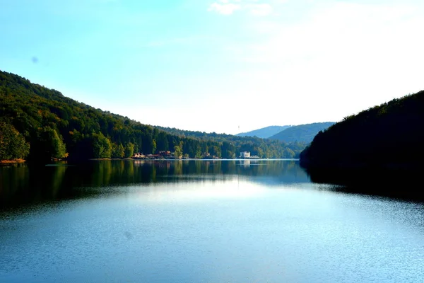 Vue Aérienne Lac Valiug Banat Ses Environs Paysage Typique Dans — Photo