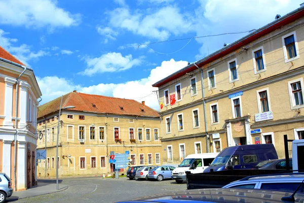 Typická Městská Krajina Městě Orastie Sedmihradsko Rumunsko Středověký Opevněný Kostel — Stock fotografie