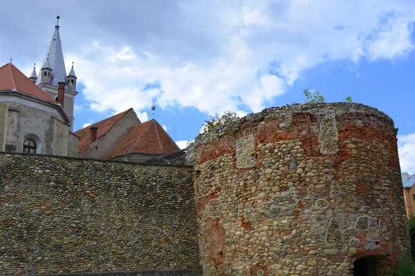 Typical Urban Landscape City Orastie Transylvania Romania Medieval Fortified Church — Stock Photo, Image