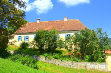Tipik kırsal manzara ve köylü evlerde Köyü Malancrav, Transilvanya, Romanya. Yerleşim 12. yüzyılda ortasında Sakson kolonistler tarafından kuruldu