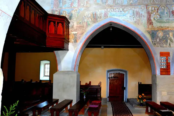 Ongewone Pictogrammen Het Versterkte Middeleeuwse Kerk Het Dorp Malancrav Hier — Stockfoto