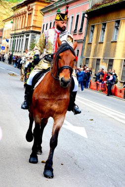 Güzel atlar. Brasov, Transilvanya, Romanya, 05 Mayıs 2019, Günün kutlayan biniciler bu yüzden Juni Parade arayın. Bin yıllık Hıristiyan Romen geleneği.
