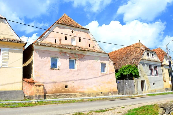 Romanya 'nın Transilvanya kentindeki Sibiu County' nin Sakson köyü Drausenit 'teki tipik kırsal alan ve köylü evleri.