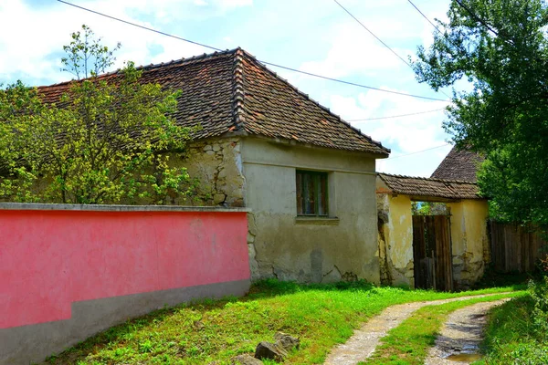 Romanya 'nın Transilvanya kentindeki Sibiu County' nin Sakson köyü Drausenit 'teki tipik kırsal alan ve köylü evleri.