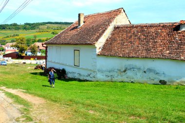 Romanya 'nın Transilvanya, Ruja köyündeki tipik kırsal alan ve köylü evleri. Yerleşim yeri Sakson koloniciler tarafından 12. yüzyılın ortalarında kuruldu.