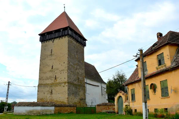 中世のサクソン教会を要塞化し ルーマニアのトランシルヴァニア州ネタス村の典型的な田園風景 この開拓地は12世紀半ばにサクソン人開拓者によって設立された — ストック写真