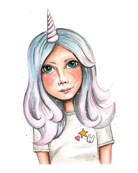 Hand drawn watercolor artwork. Painted aquarelle picture. Artist painting. Baby unicorn. Portrait of cute teenage girl with beautiful hair styling, big eyes on child\'s face and horn on her head.