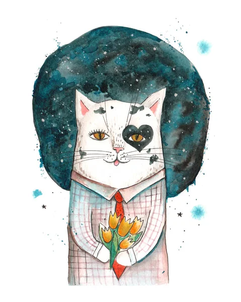 Hand drawn watercolor artwork. Painted aquarelle picture. Artist painting. Cute cat in checked shirt with red tie holds and gives yellow buds flowers bouquet. March 8 congratulations, love date gift.