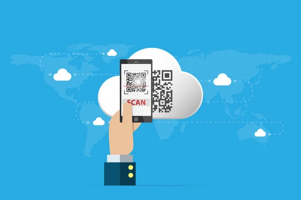 iş el smartphone tarama QR code bulut, teknoloji ve iş kavramı üzerinde tutarak