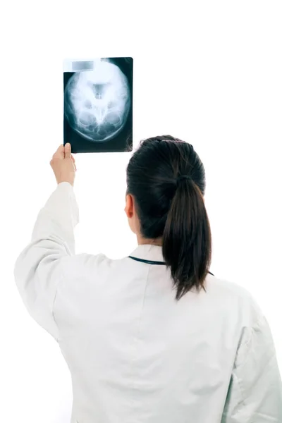 Ung Läkare Analysera Röntgen Vit Bakgrund — Stockfoto