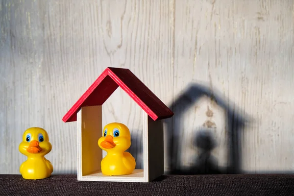 Pato Amarelo Sombra Com Símbolo Casa Bloco Madeira Sobre Stay — Fotografia de Stock