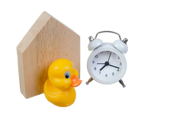 Yellow Duck Wooden Block House Alarm Clock Symbol Stay Home — Stock Photo, Image