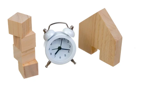 Wooden Block House Whie Alarm Clock White Background — Stock Photo, Image