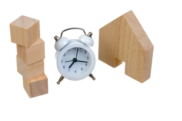 Wooden Block House Whie Alarm Clock White Background Stock Image