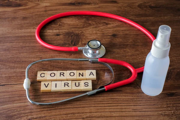 Szöveg Kifejezés Coronavirus Fából Készült Háttér Orvosi Felszereléssel Novel Coronavirus — Stock Fotó