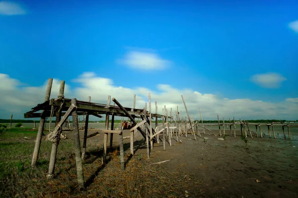 Old Wood Jetty Kuala Rompin Malaysia Beautiful Blue Sky — Stock Photo, Image