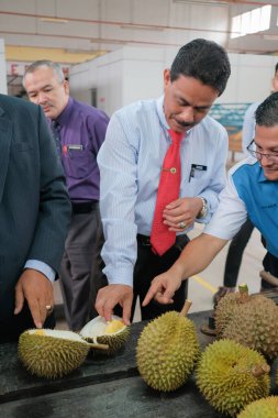 Muadzam Şah, Malezya - 29 Haziran 2020: Mutlu Asyalı erkekler arkadaşlarıyla Durian meyvesi yemekten hoşlanıyor.