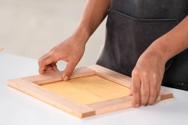 Process Gluing Plank Plywood Furniture Making — Stock Photo, Image