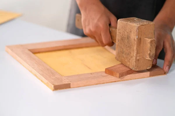 Process Gluing Plank Plywood Furniture Making — Stock Photo, Image