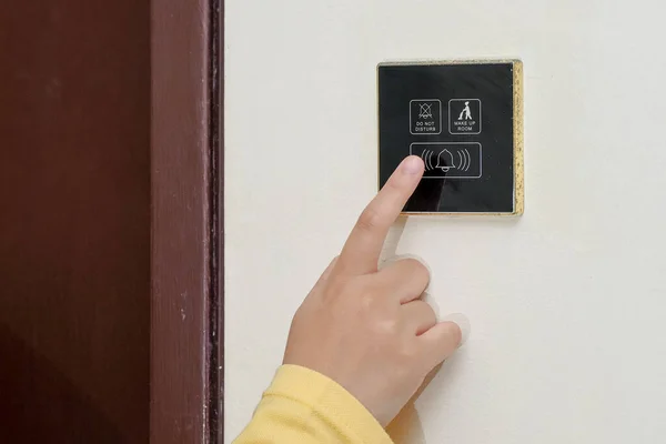 Asian Woman Hand Finger Try Push Door Bell Switch White — Stock Photo, Image