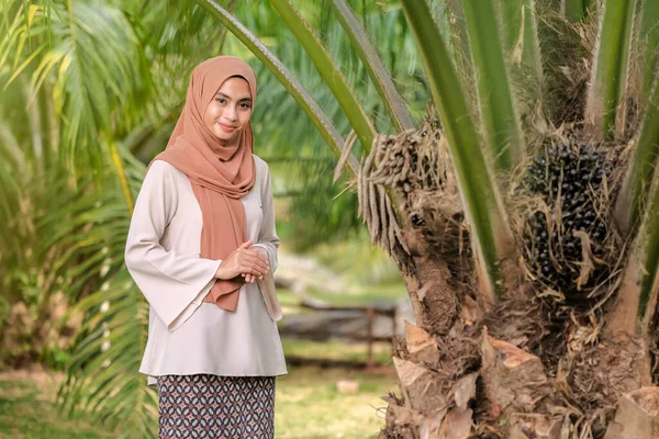 Mooie Vrouw Een Hijab Staand Buurt Van Een Palmolie Boom — Stockfoto