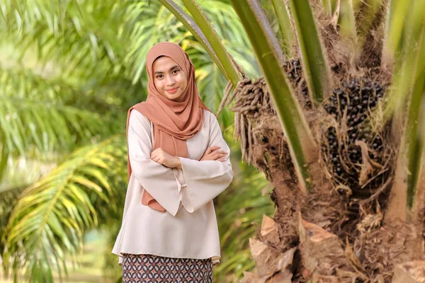 Hermosa Mujer Hijab Pie Cerca Árbol Aceite Palma —  Fotos de Stock