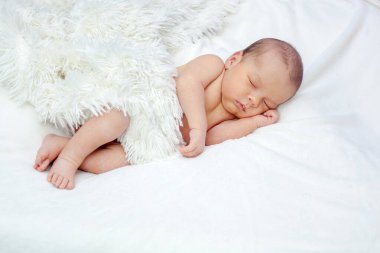 Yeni doğan tüylü beyaz bir battaniyenin altında huzur içinde uyur..